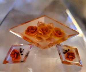 Lucite Reverse Rose Parure Earrings & Pin Shades of Handcarved Orange Roses circa 1950s