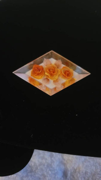 Lucite Reverse Rose Parure Earrings & Pin Shades of Handcarved Orange Roses circa 1950s