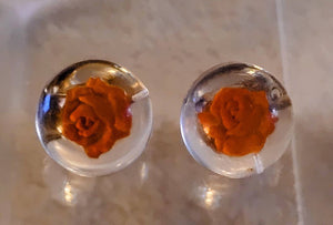 Lucite Dome Resversed Rose Earrings 1950s Shades of Orange Rose under Clear Dome