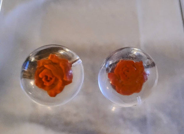 Lucite Dome Resversed Rose Earrings 1950s Shades of Orange Rose under Clear Dome