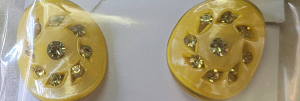 Sunshine and Sparkle Yellow Lucite Earrings Rhinestone Accent Wavy Disc Clips