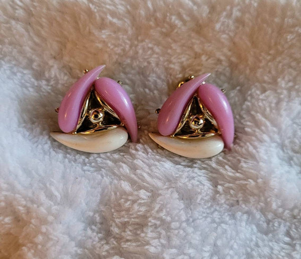 Mid Century Button Type Earwear in PurplePink White Gold Crisp Clips..