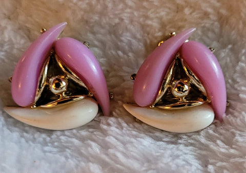 Mid Century Button Type Earwear in PurplePink White Gold Crisp Clips..