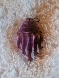 Spells Art Deco Design Delight in Rich Purle Glass. Pendant choice of Vintage Chain.