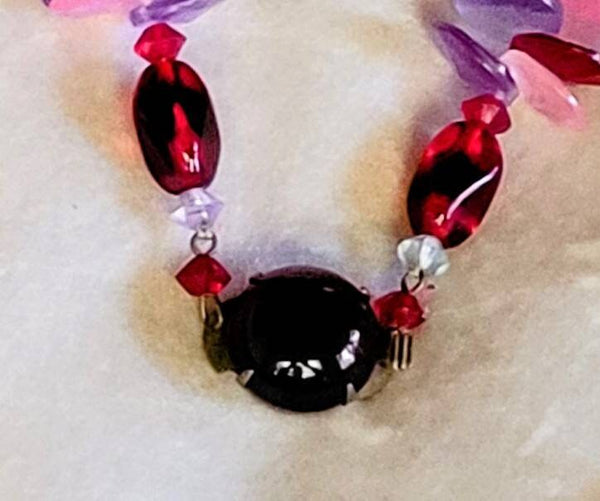 Period 30s 40s Necklace Pinks Reds Purples Glass Crystal Cut Lucite Magical Mash Up..!