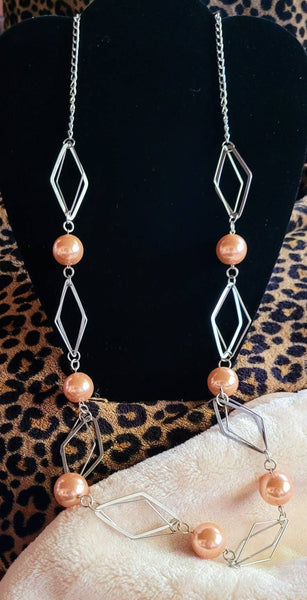 Silver Chain Big Geo Shapes with  Beautiful Gumball Champagne Pink Pearl like Beads. Mid Century Fun..! 38 inches with 2 extra on Clasp.