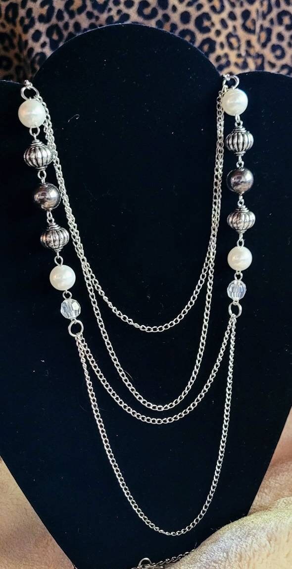 60s Silver Swag Chain 4 Tier Necklace with Silver Pearl Crystals and Grey Accent Beads.