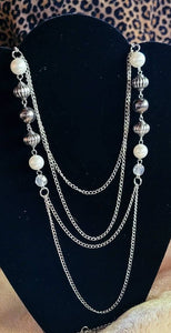 60s Silver Swag Chain 4 Tier Necklace with Silver Pearl Crystals and Grey Accent Beads.