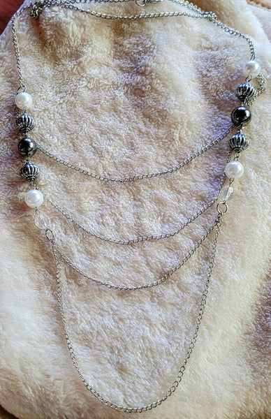 60s Silver Swag Chain 4 Tier Necklace with Silver Pearl Crystals and Grey Accent Beads.