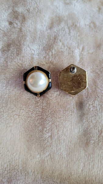 Black Lacquer Framed Pearl Carbachon Trimmed in Gold Sixties Style