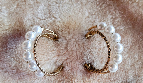Pearl Beaded Gold Hoops Groovy 1960s