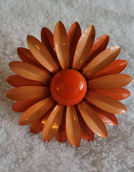 Flower Power. ! 4 in Orange Enamel Daisy Pin... Happy 60th Birthday 1960s  Vintage Jewelry..!