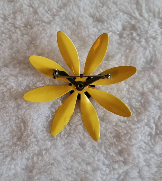 Flower Power. ! 2 3/4 in Orange Yellow Enamel Daisy Pin... Happy 60th Birthday 1960s  Vintage Jewelry..!