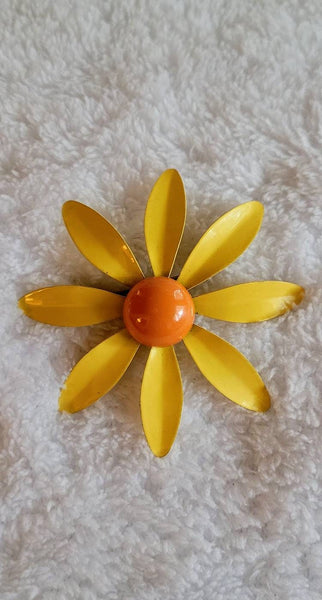 Flower Power. ! 2 3/4 in Orange Yellow Enamel Daisy Pin... Happy 60th Birthday 1960s  Vintage Jewelry..!
