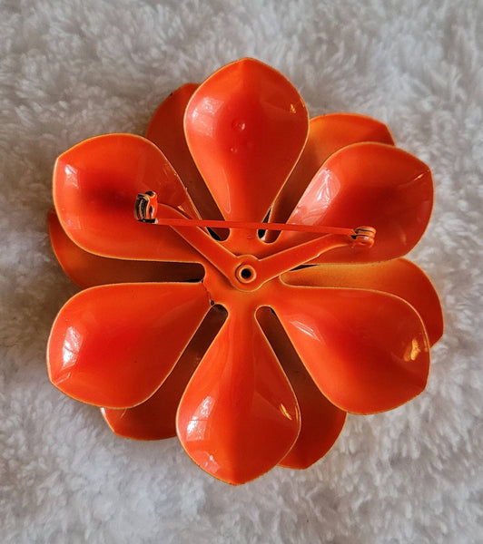 Flower Power. ! 3 in Orange Yellow 2 tone Enamel Daisy Pin... Happy 60th Birthday 1960s  Vintage Jewelry..!