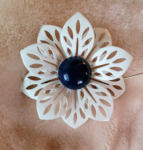 Flower Power. ! 4 in White and Blue Enamel Flower Pin... Happy 60th Birthday 1960s  Vintage Jewelry..!