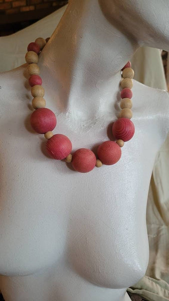 Wooden  Necklace Pink Grain 1 inch 1/4 inch Wood with Natural Wood Balls