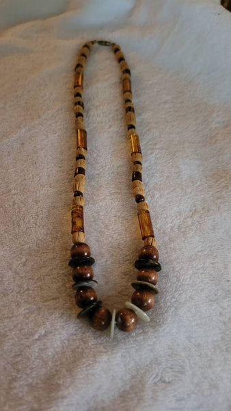 Polished and Natural Wood Beads with Rootbeer tubes & Disc