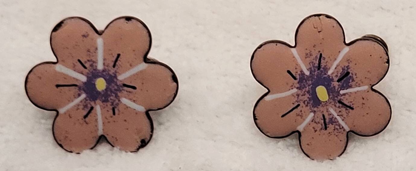 Handpainted Copper Earrings Era 1940s Floral Motif