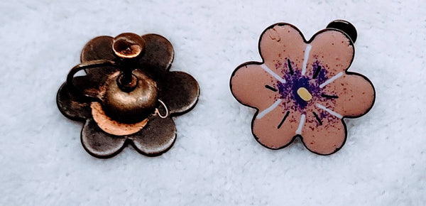 Handpainted Copper Earrings Era 1940s Floral Motif