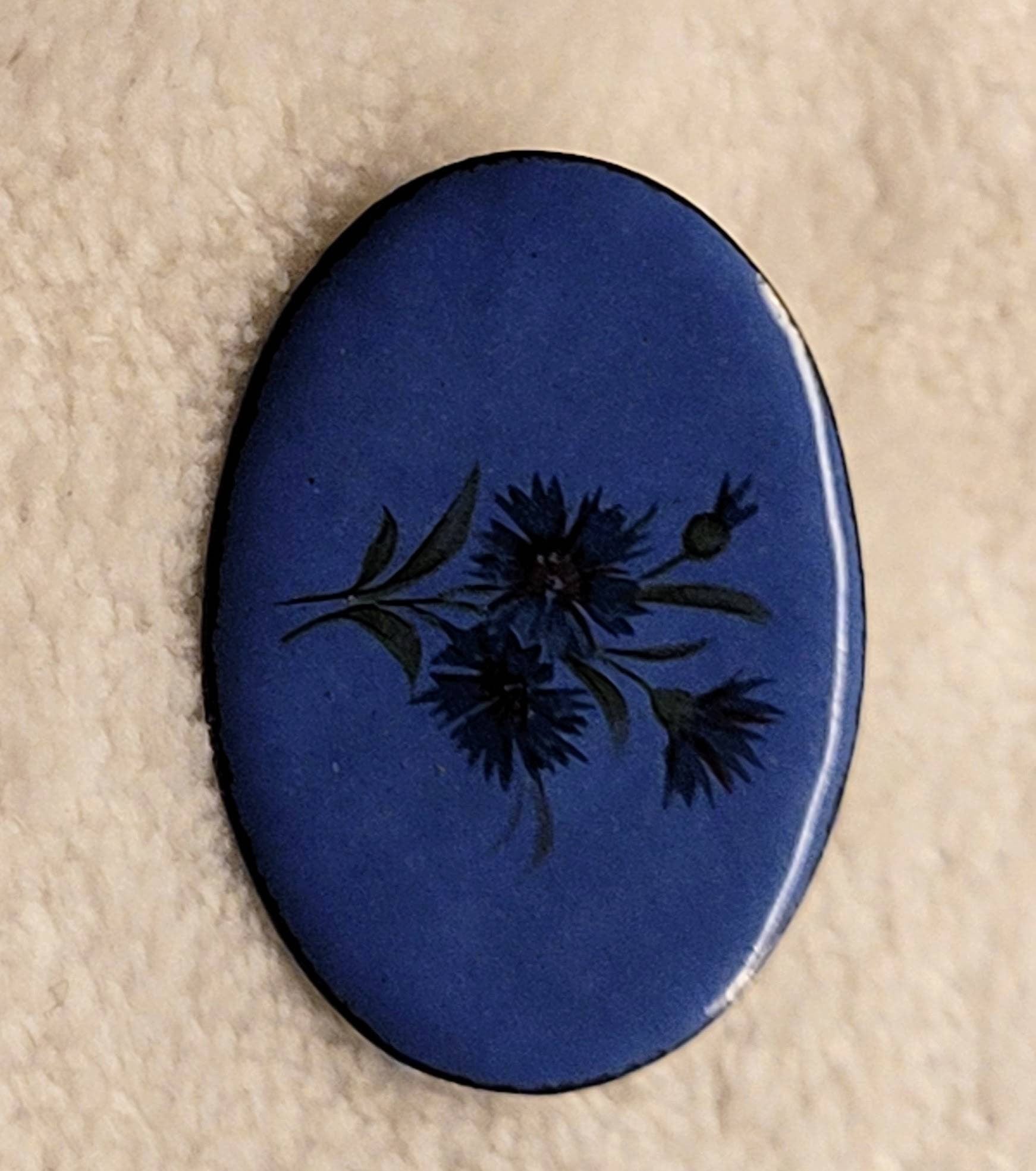 Blue Enamal Over Copper. This Unique 40s Pin Features a Subtle  Silhouette Spray of Black Flowers.