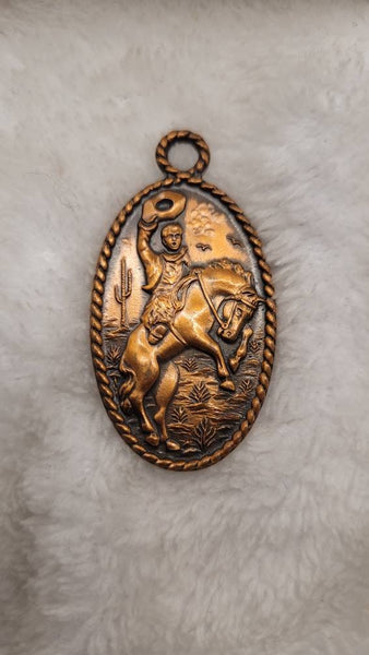 Copper Cowboy Pendant Relief of A Horse & Cowboy circa 1940 American West Nostalgia. . !