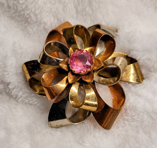 Copper Gold Pink Rhinestone Big Swirl Brooch