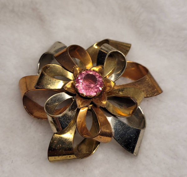 Copper Gold Pink Rhinestone Big Swirl Brooch