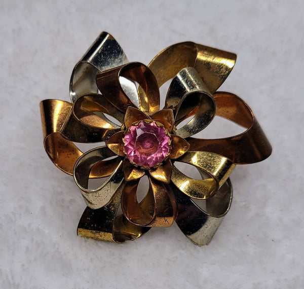 Copper Gold Pink Rhinestone Big Swirl Brooch