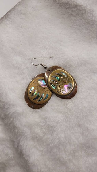 Vintage Copper  Brass Bear Paw Earrings with Abalone Insets..!