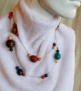 Wood Necklace Colored Ball Shapes Spaced and Suspended Wear with  Multiple Options. 40 in. Into The Woods Collection.