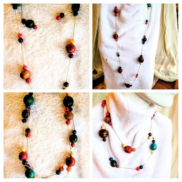 Wood Necklace Colored Ball Shapes Spaced and Suspended Wear with  Multiple Options. 40 in. Into The Woods Collection.