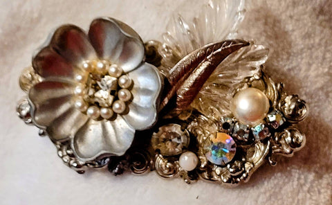 Vintage Brooch Pearl's Moonstone Rhinestones on Silver