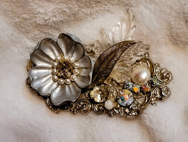 Vintage Brooch Pearl's Moonstone Rhinestones on Silver