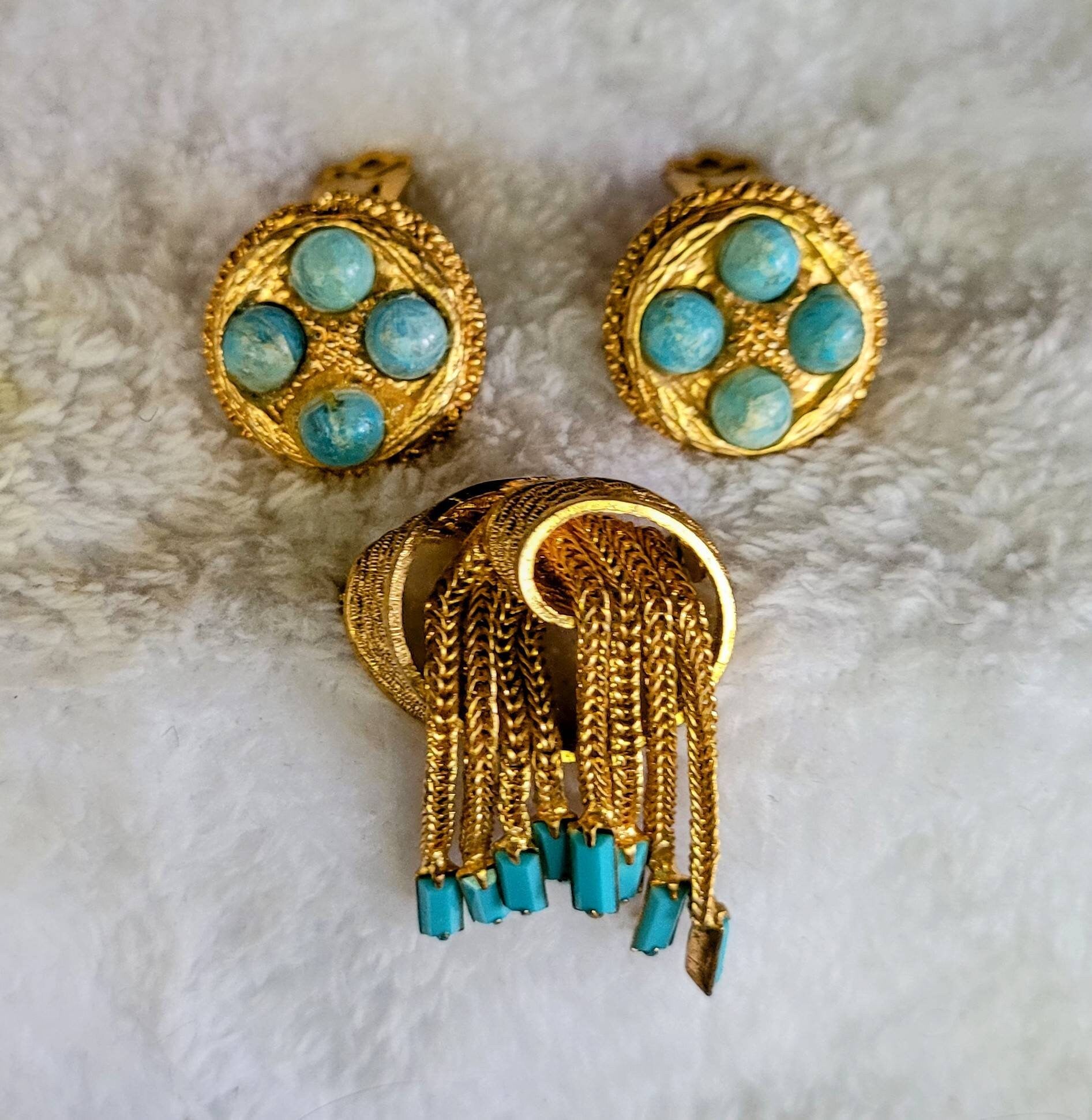 Gorgeous Gold &  Turquoise 1960 Demi Parure 3 Set Earrings with Waterfall Pin.