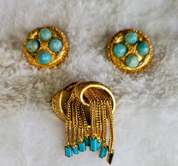 Gorgeous Gold &  Turquoise 1960 Demi Parure 3 Set Earrings with Waterfall Pin.