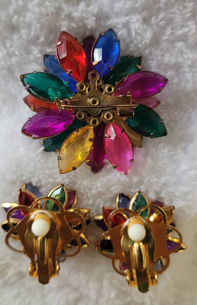 1960s Demi Parure Multicolored Faceted Flowers Earrings with Pin