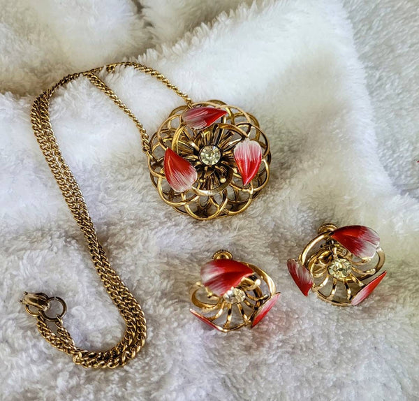 Demi Parure Collection featured 1940s Demi Parure Vintage Delight Red White Pink Enamel Rhinestones Earrings Necklace