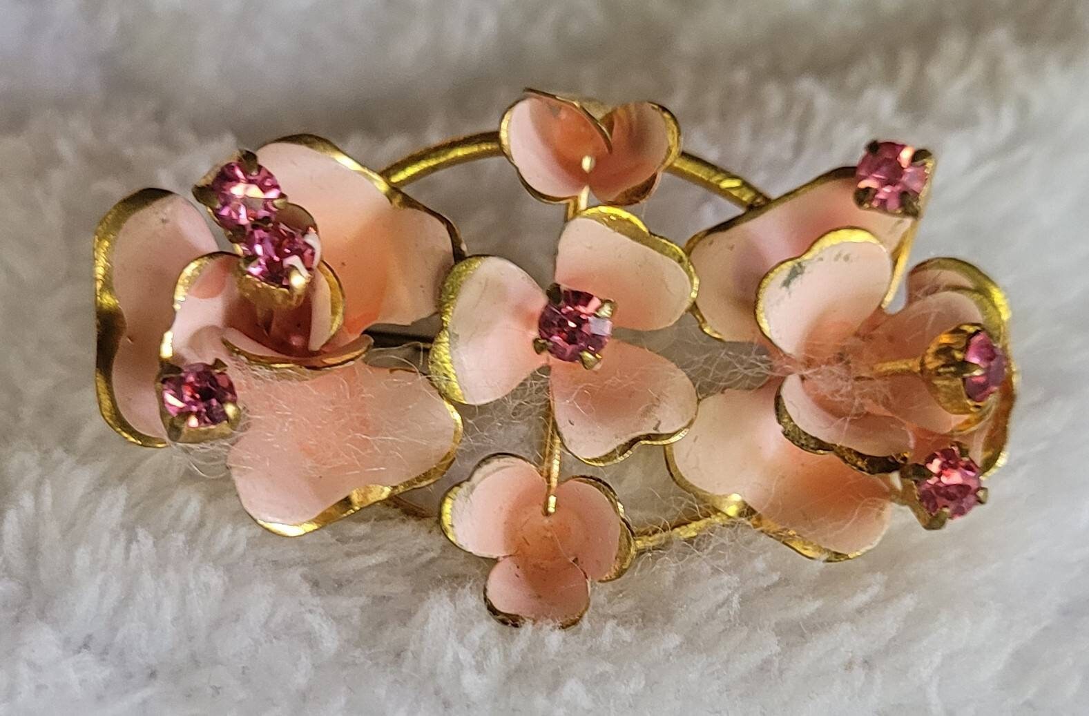 1940s Austria Pink Crystal  with Pink Enamel Petals Vintage Pin Signed Vintage