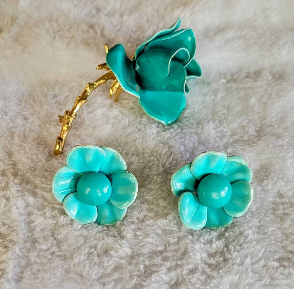 1950s Enamal Turquoise Rose "Demi Parure" Pin with Earrings Scrumptious Set