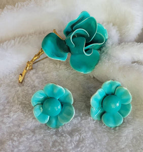 1950s Enamal Turquoise Rose "Demi Parure" Pin with Earrings Scrumptious Set