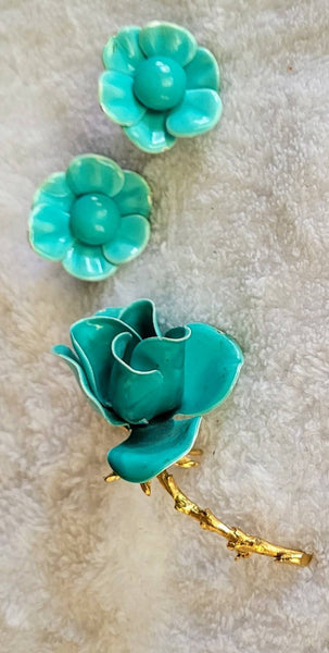 1950s Enamal Turquoise Rose "Demi Parure" Pin with Earrings Scrumptious Set