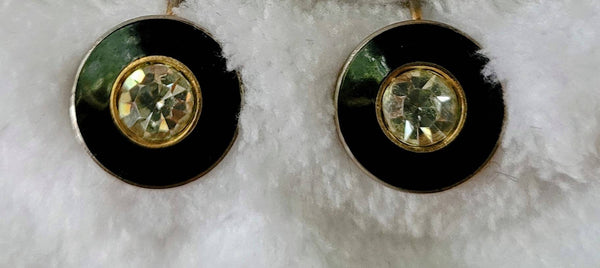 1940s Solitaire Rhinestone Black Enamel Screwbacks