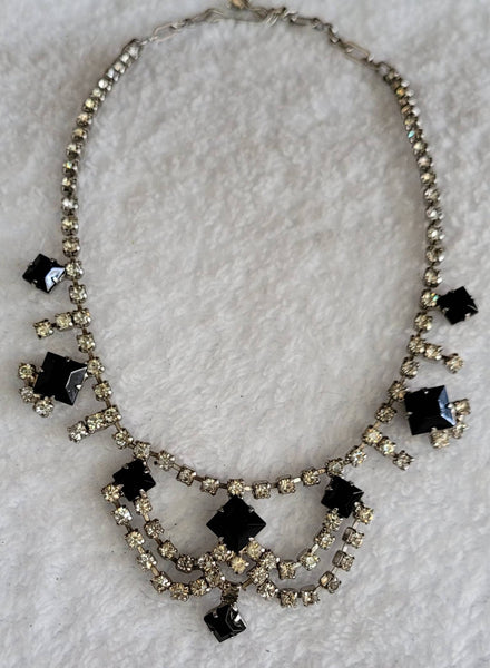 Rhinestone With Black Glass Scallop on Silver 1950s Sparkling Necklace