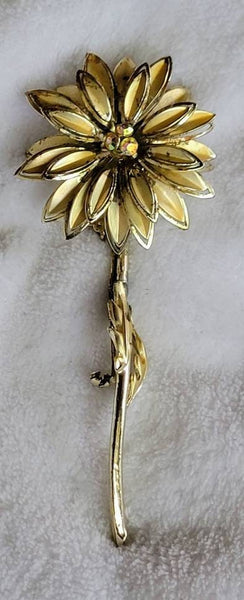 Golden Era Floral Pin Sparkling A B Center Shiny with Muted  Detailed Golden Petals Leaves