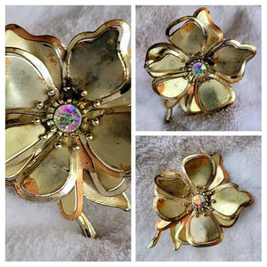 Golden Era Floral Brooch Goldplate over Copper Beautiful Arora Borialis Center Stone...