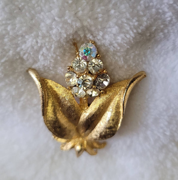 Golden Era Floral Pin Gold leaves with Aurora Borialis Petals Beautiful Brooch