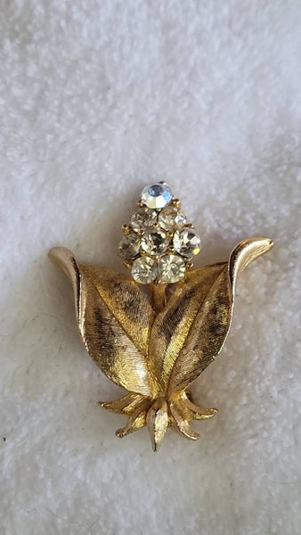 Golden Era Floral Pin Gold leaves with Aurora Borialis Petals Beautiful Brooch