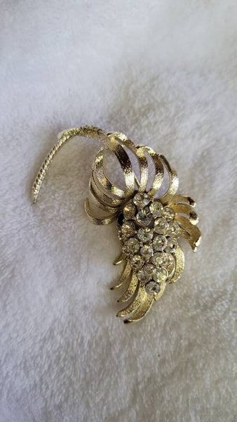 Golden Era Floral Pin Gold with Silver Spray of Rhinestones