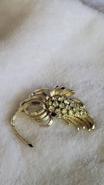 Golden Era Floral Pin Gold with Silver Spray of Rhinestones